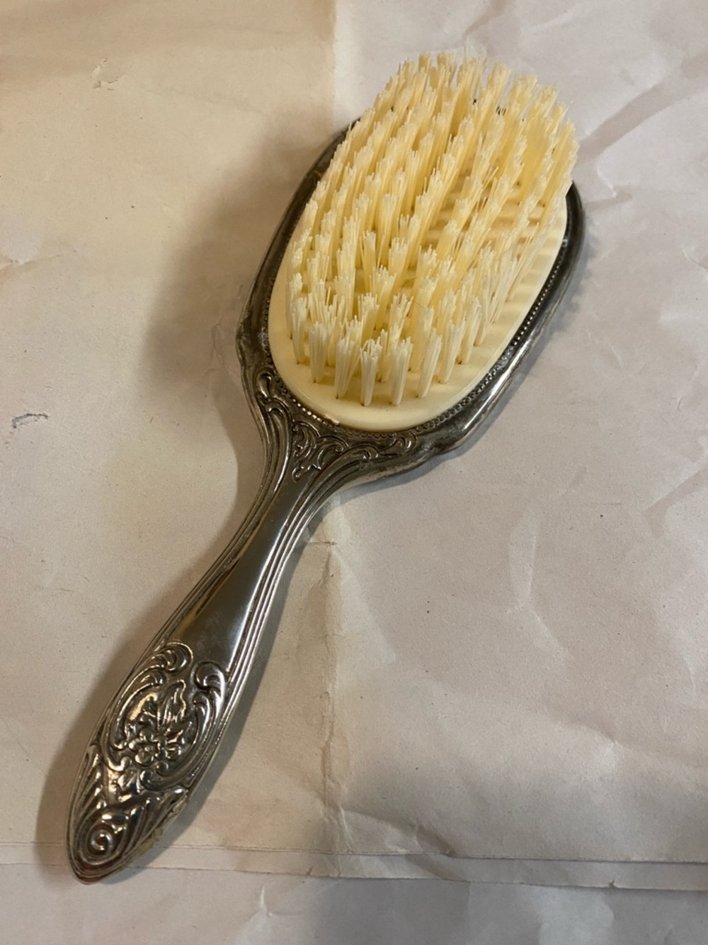 Vintage Silver-Tone Decorative Hair Brush with Cream Bristles